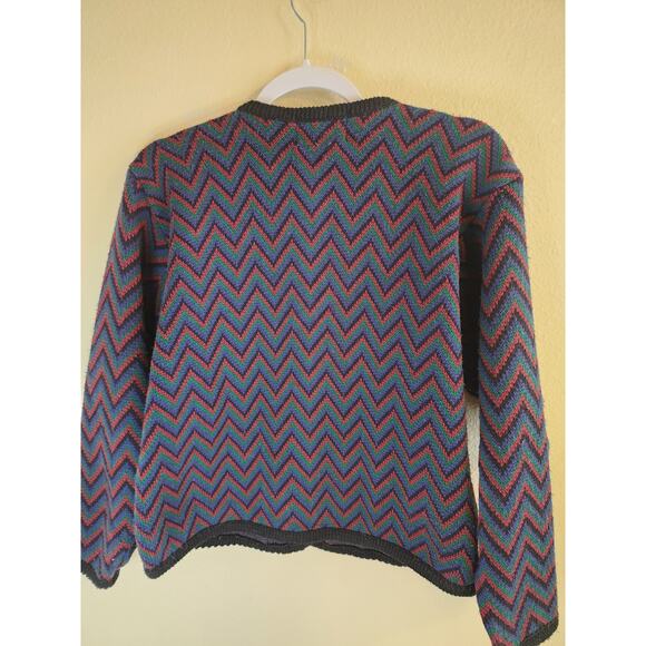 TALLY HO VTG Blue Red Green Chevron Print Button Up Waist Length Cardigan LARGE - Picture 2 of 7